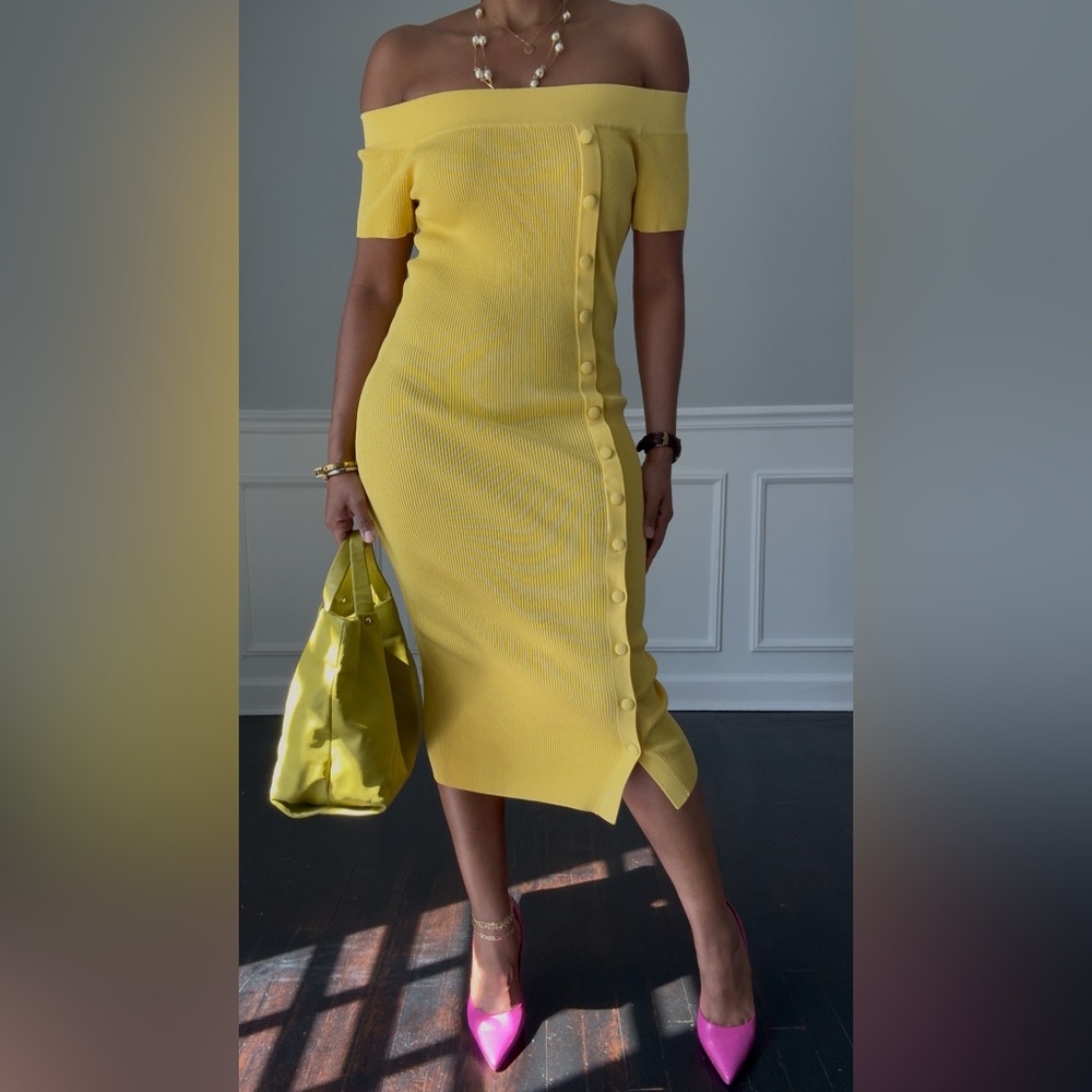 Eva Mendes New York & Company Off the Shoulder Midi Dress